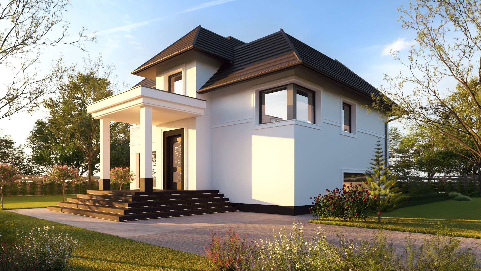 Elegancki, dwukondygnacyjny dom z białymi ścianami, ciemnym dachem i kolumnowym wejściem, otoczony zielenią. Ujęcie z poziomu ogrodu, w słoneczny dzień.