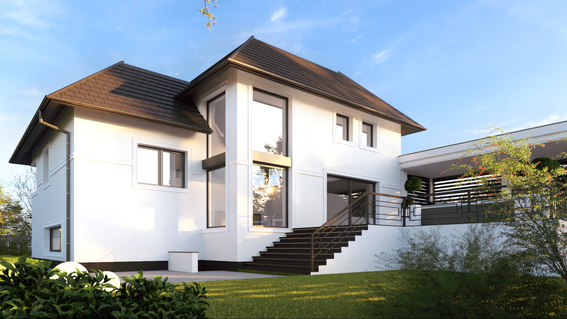 Wizualizacja dwukondygnacyjnego domu z dużymi oknami i schodami prowadzącymi na taras. Biała elewacja kontrastuje z ciemnym dachem i ramami okiennymi. Otoczenie: trawnik i roślinność.