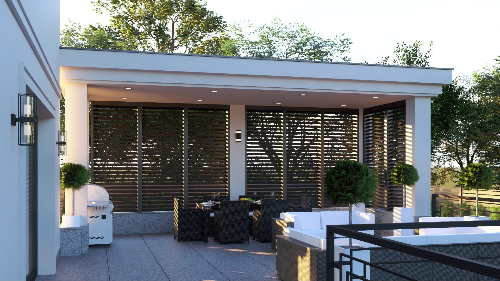 Nowoczesna, zadaszona przestrzeń tarasowa z meblami ogrodowymi, grillem i dekoracyjnymi lamelami. Oświetlenie zewnętrzne podkreśla architekturę.