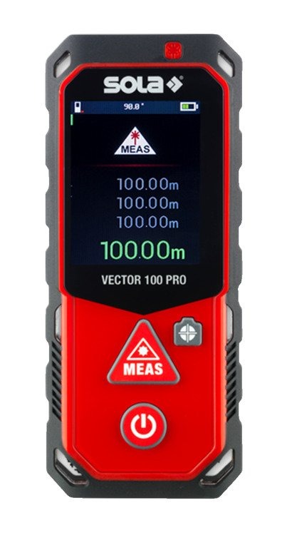 Dalmierz laserowy Sola Vector 100 Pro z wyświetlaczem pokazującym pomiary 100.00m, czerwona obudowa z czarnymi elementami ochronnymi.