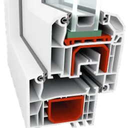 Przekrój poprzeczny wielokomorowego profilu okiennego z uszczelkami, pokazujący wewnętrzną konstrukcję i izolację termiczną.
