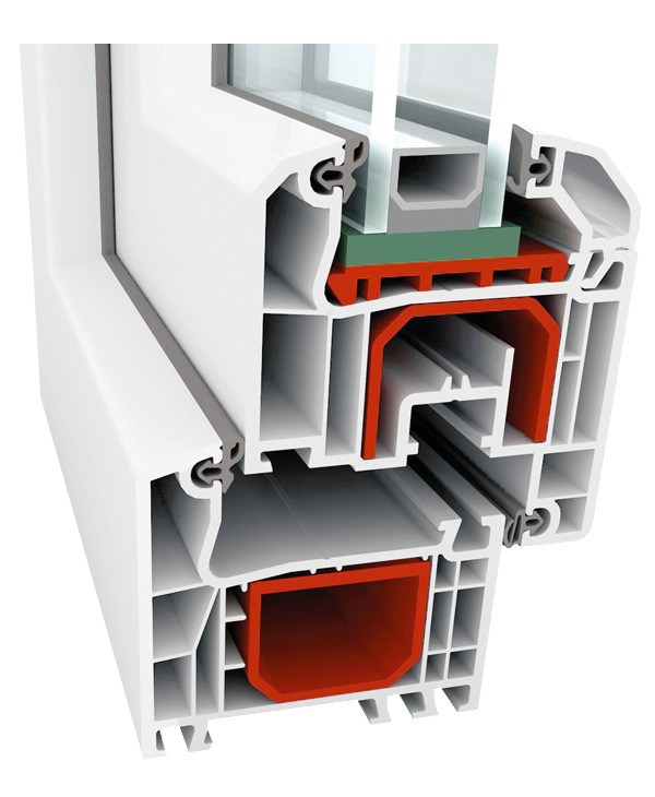 Przekrój poprzeczny wielokomorowego profilu okiennego z uszczelkami, pokazujący wewnętrzną konstrukcję i izolację termiczną.