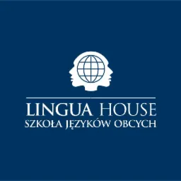 Logo szkoły językowej Lingua House na granatowym tle. Grafika przedstawia glob w profilu dwóch osób i napis 'Szkoła Języków Obcych'.