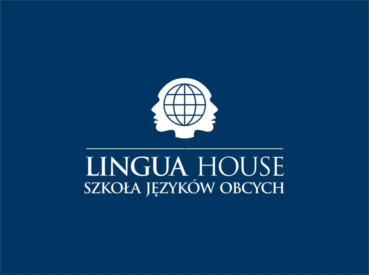 Logo szkoły językowej Lingua House na granatowym tle. Grafika przedstawia glob w profilu dwóch osób i napis 'Szkoła Języków Obcych'.