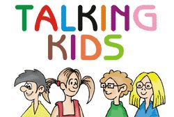 Ilustracja przedstawiająca cztery uśmiechnięte, rysunkowe postacie dzieci pod kolorowym napisem 'TALKING KIDS'.