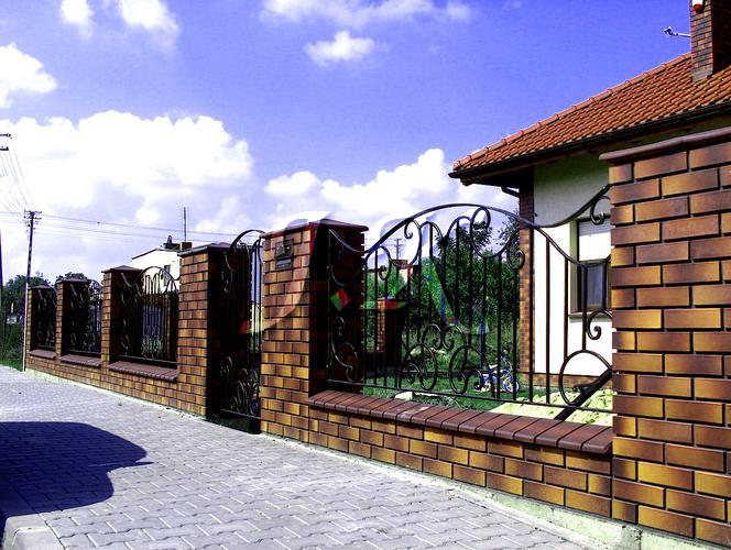 Ozdobna brama wjazdowa z kutego żelaza, osadzona w murze z cegły klinkierowej, Warszawa. Widoczny fragment chodnika z kostki brukowej i fragment domu w tle.