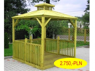 Żółta, drewniana altana ogrodowa typu Martina z barierkami, widoczna na tle kostki brukowej i zieleni, z ceną 2750 zł w prawym dolnym rogu.
