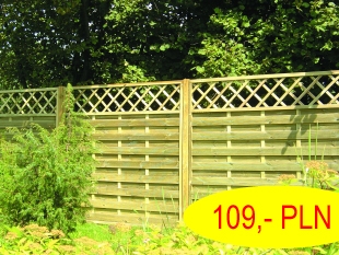 Drewniany płot panelowy z kratką rombową w górnej części, widoczny z bliska w ogrodzie, z żółtą naklejką informującą o cenie 109 zł brutto.