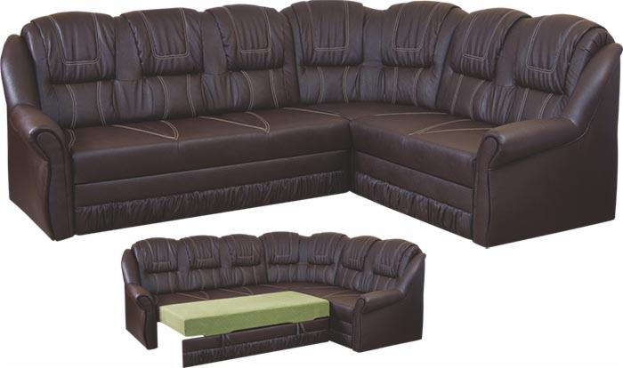 Rozkładany, brązowy narożnik z ekoskóry z widocznym schowkiem na pościel i wysuwanym elementem w formie pufy z zielonym obiciem.