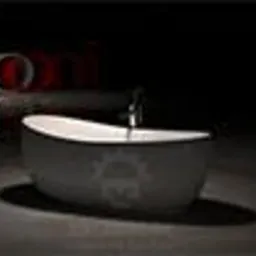 Wizualizacja 3D wolnostojącej wanny z baterią, z logo firmy na froncie, w ciemnym pomieszczeniu z napisem 'marco' w tle.