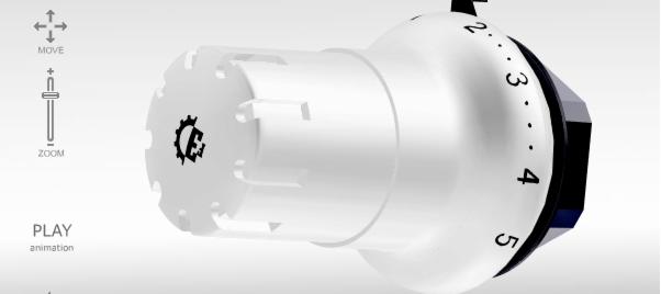 Wizualizacja 3D białego pokrętła z numeracją, widoczne ikony interfejsu użytkownika: move, zoom i play animation.