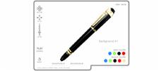 Czarno-złoty długopis na białym tle z paletą kolorów i ikonami interfejsu użytkownika, prezentowany jako model 3D.