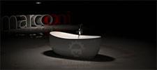 Wizualizacja 3D wolnostojącej wanny z baterią, z logo firmy na froncie, w ciemnym pomieszczeniu z napisem 'marco' w tle.