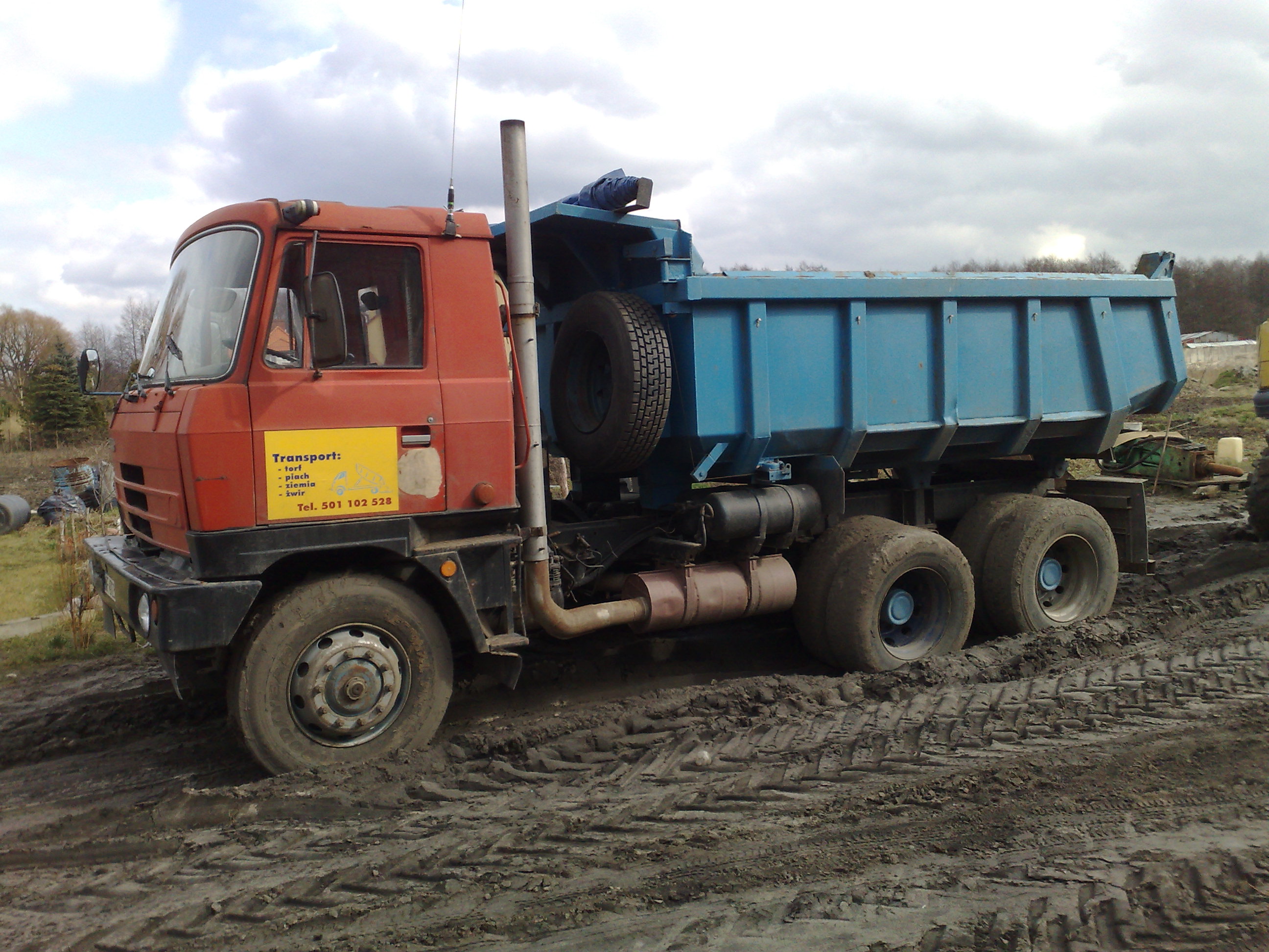 Pomarańczowo-niebieska wywrotka Tatra na błotnistym terenie, z widocznym ogłoszeniem transportu kruszyw na drzwiach kabiny.