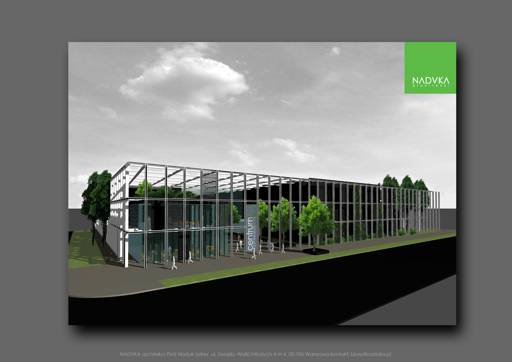 Wizualizacja budynku usługowego z przeszkloną fasadą i elementami zieleni, z logo NADVKA architekci w prawym górnym rogu.