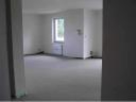 Wnętrze pomieszczenia po nałożeniu gładzi kwarcowej, przygotowanego do malowania. Widoczne okno z zielenią na zewnątrz i świeżo wykończone ściany. Na podłodze widoczne ślady po pracach...