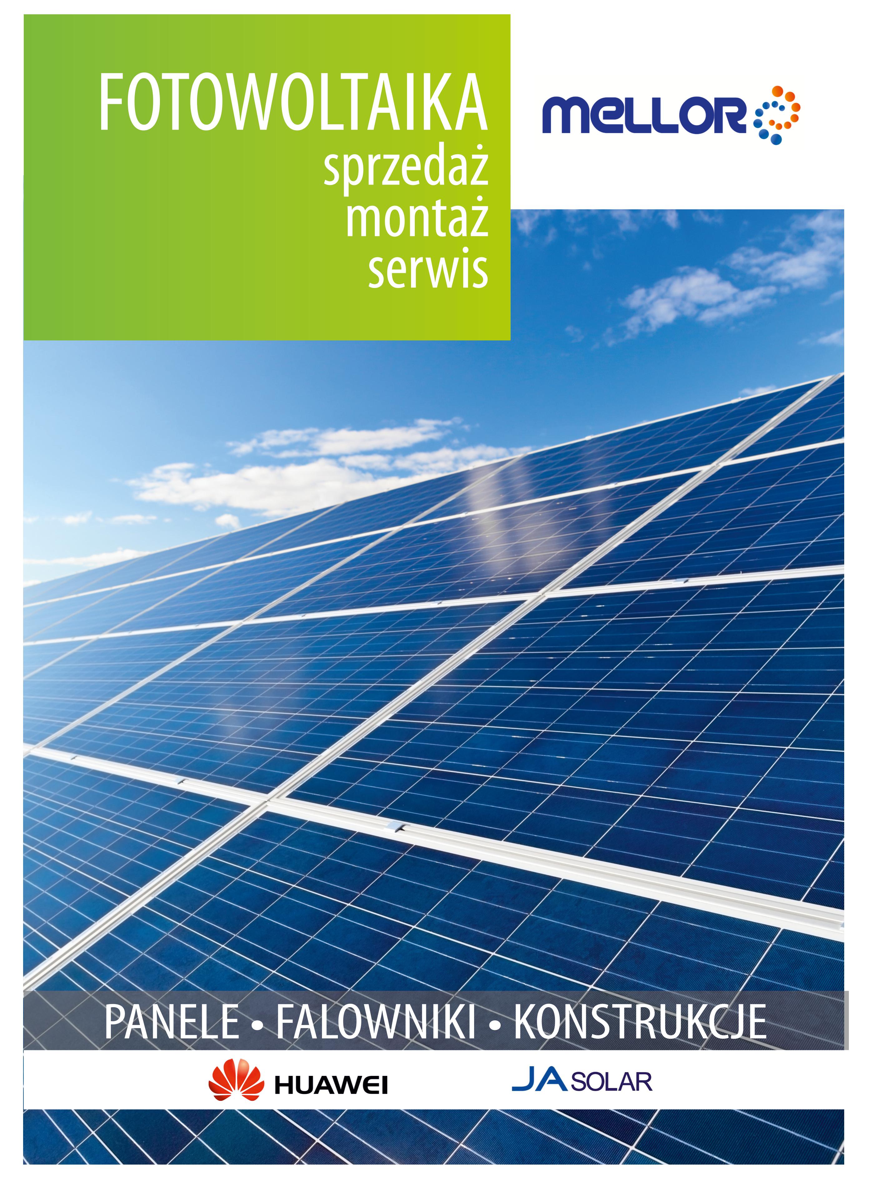 Reklama paneli słonecznych z błękitnym niebem w tle, logotypami Mellor, Huawei i JA Solar oraz hasłami sprzedaż, montaż i serwis.