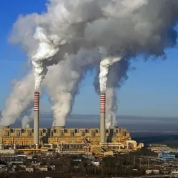Zdjęcie lotnicze elektrowni węglowej z dwoma wysokimi kominami w czerwono-białe pasy, wypuszczającymi gęsty biały dym na tle błękitnego nieba.