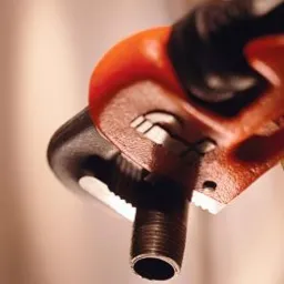 Czerwony klucz hydrauliczny chwyta gwintowaną rurę w zbliżeniu, widoczne ślady użytkowania na narzędziu, miękkie, rozproszone światło.