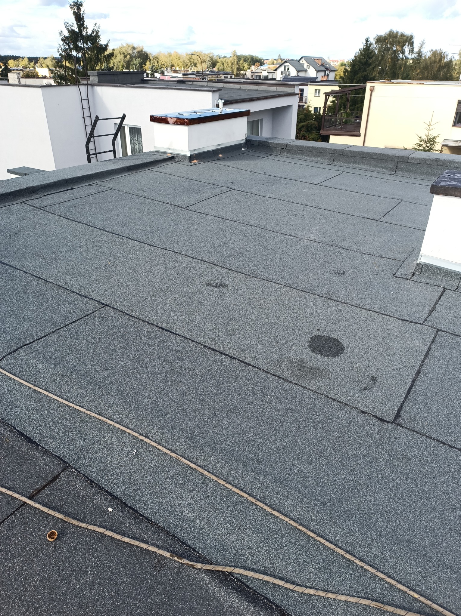 Szary, płaski dach pokryty papą termozgrzewalną na nowoczesnym budynku. Widoczne łączenia papy i elementy wentylacyjne. W tle zabudowa miejska i drzewa.