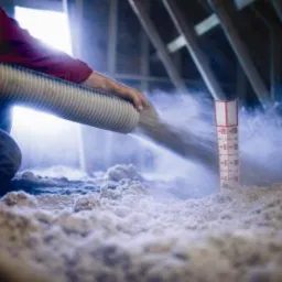 Wdmuchiwanie materiału izolacyjnego w poddasze w Grudziądzu, widoczna rura i miarka głębokości izolacji.