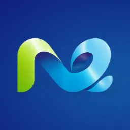 Abstrakcyjne logo w odcieniach zieleni i błękitu na ciemnoniebieskim tle, przypominające stylizowaną literę 'N' utworzoną z wstęgi.