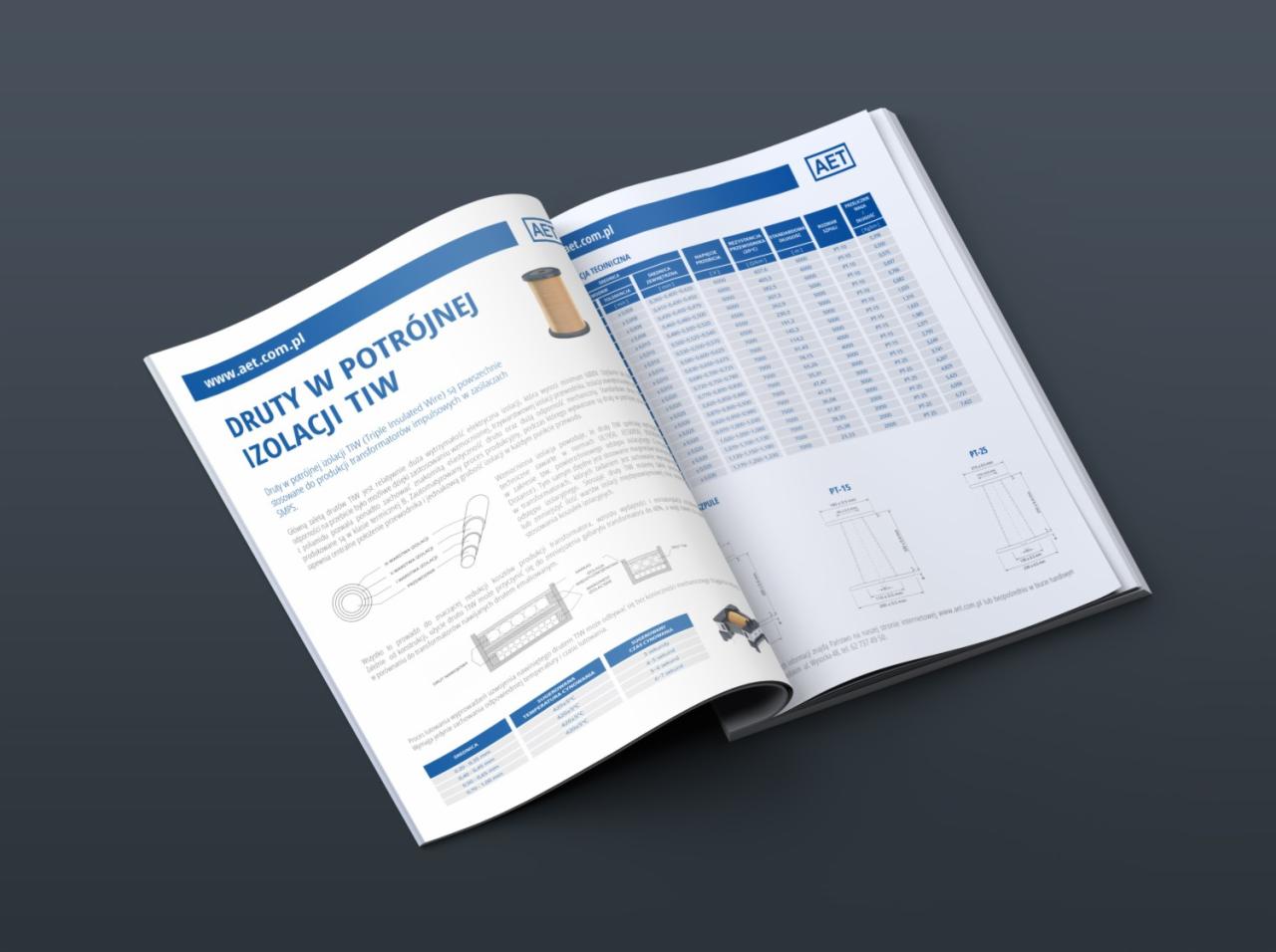 Otwarta broszura reklamowa z informacjami technicznymi i schematami drutów w potrójnej izolacji TIW firmy AET, prezentująca specyfikacje i zastosowania w transformatorach impulsowych.