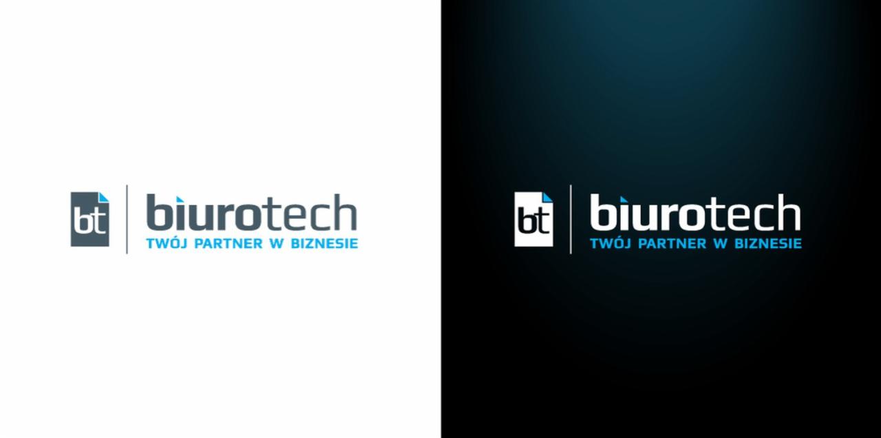 Logo firmy Biurotech z hasłem 'Twój partner w biznesie', prezentowane w dwóch wariantach kolorystycznych: na białym i ciemnoniebieskim tle.