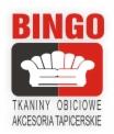 Logo firmy Bingo: stylizowana sofa na czarno-czerwonym tle, napis 'TKANINY OBICIOWE AKCESORIA TAPICERSKIE' poniżej.