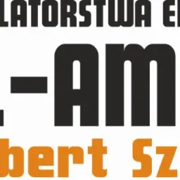 Logo firmy EL-AMPERO Hubert Szaszczak z symbolem błyskawicy i napisem Zakład Instalatorstwa Elektrycznego.