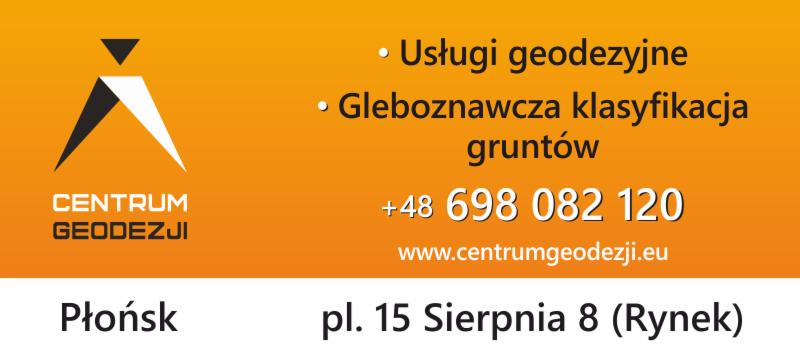 Reklama usług geodezyjnych: logo firmy Centrum Geodezji, usługi geodezyjne i gleboznawcza klasyfikacja gruntów, numer telefonu, adres strony internetowej oraz adres biura w Płońsku.