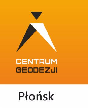 Logo firmy: Stylizowany znak graficzny przypominający literę A w kolorach białym i czarnym na pomarańczowym tle, pod nim napis 'CENTRUM GEODEZJI' i 'Płońsk'.