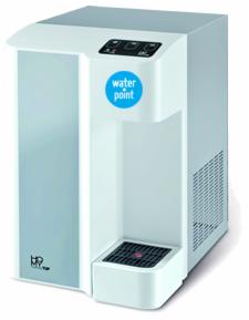 Dystrybutor wody Carbo Top w białej obudowie z niebieskim logo 'water point' na froncie, widoczny z lekko bocznej perspektywy na białym tle.