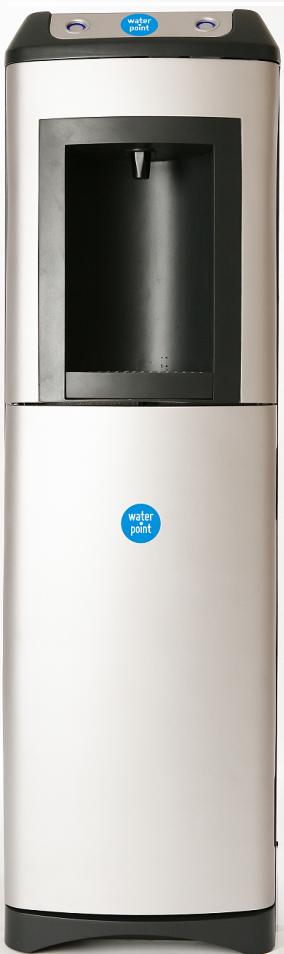 Wolnostojący dystrybutor wody w kolorze grafitowo-stalowym z wbudowanym podajnikiem kubków i widocznym logo Water Point.