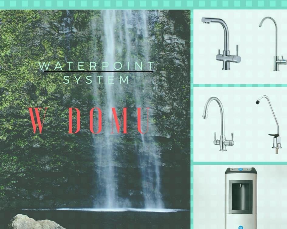 Kompozycja graficzna prezentująca system uzdatniania wody: po lewej wodospad z napisem Waterpoint System i W Domu, po prawej cztery różne baterie kranowe i dystrybutor wody.