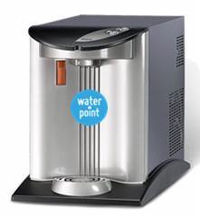 Dystrybutor wody Water Point z panelem ze stali nierdzewnej, czarną obudową i podstawą. Widoczne trzy metalowe rurki prowadzące wodę oraz niebieskie logo Water Point na froncie.