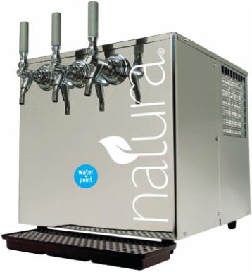 Dystrybutor wody Naura Standard Gastro A- Nablatowy ze stali nierdzewnej z czterema kranami i tacką ociekową, z logo firmy i napisem 'water point'.