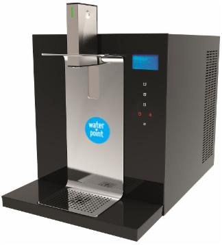 Czarny dystrybutor wody z podświetlanym panelem przycisków i logo 'water point' na srebrnym panelu przednim. Dystrybutor oferuje wodę gorącą, zimną i gazowaną.