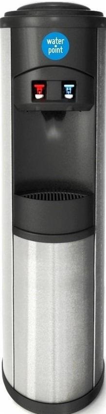 Wolnostojący dystrybutor wody w kolorze srebrno-czarnym z niebieskim logo 'water point', wyposażony w kraniki wody zimnej i gorącej.