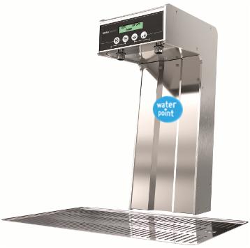 Dystrybutor wody gastronomiczny ze stali nierdzewnej z wyświetlaczem i panelem sterowania, widoczna naklejka 'water point' na obudowie.