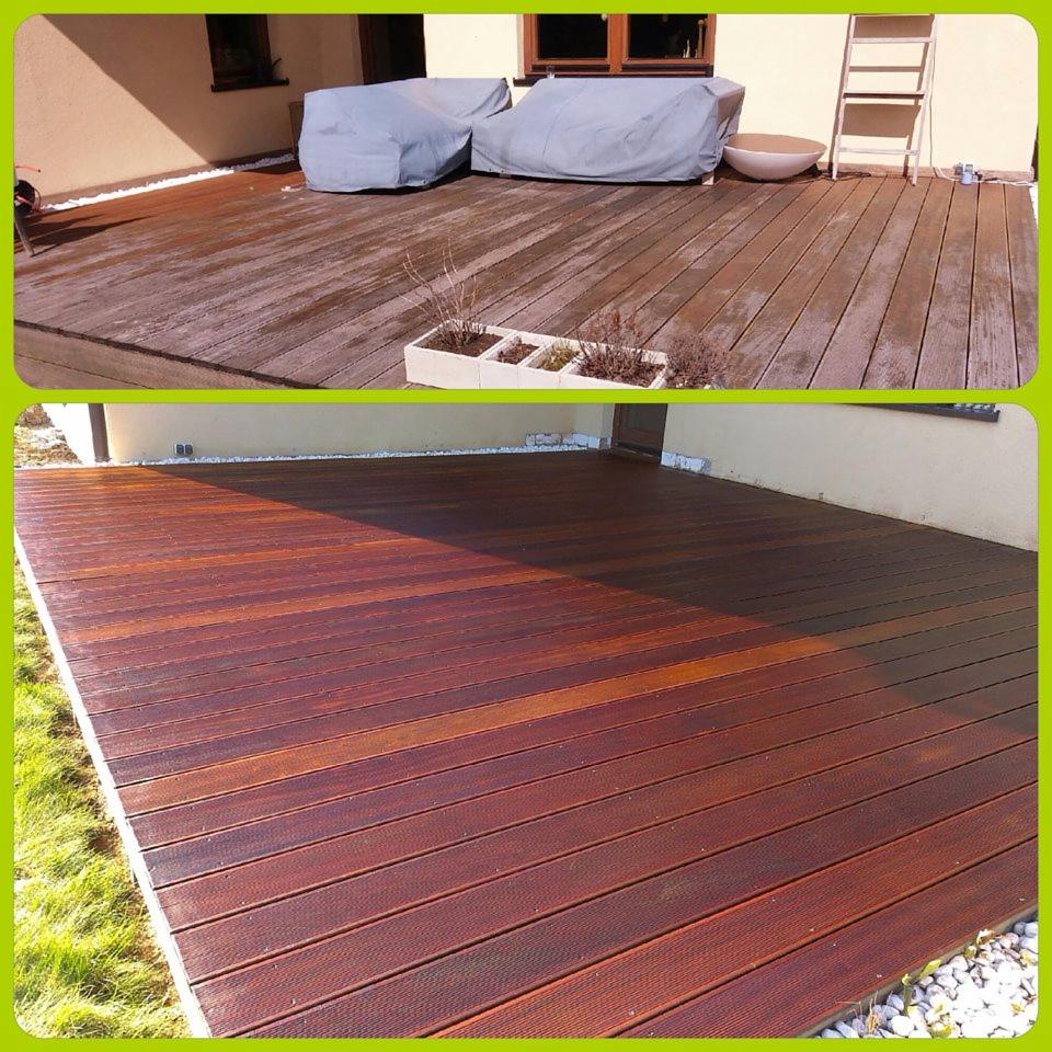 Porównanie tarasu drewnianego przed i po cyklinowaniu: górna część z widocznymi śladami użytkowania i zabrudzeniami, dolna część po renowacji z wyraźnym, głębokim kolorem drewna i połyskiem.