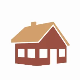 Prosty, dwukolorowy ikoniczny rysunek domu z brązowym dachem i ścianami, trzema oknami i drzwiami.