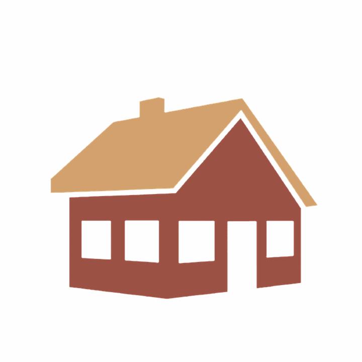 Prosty, dwukolorowy ikoniczny rysunek domu z brązowym dachem i ścianami, trzema oknami i drzwiami.