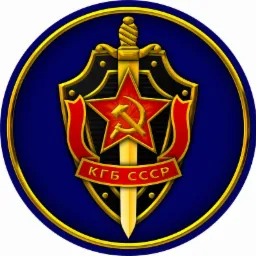 Emblemat KGB ZSRR: złoty miecz na tle czerwonej gwiazdy z sierpem i młotem, otoczony czarną tarczą i czerwonymi wstęgami, całość w niebieskim okręgu z złotą obwódką.