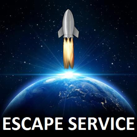Grafika przedstawia startującą rakietę kosmiczną na tle planety Ziemi i rozgwieżdżonego nieba, z napisem 'ESCAPE SERVICE' u dołu.