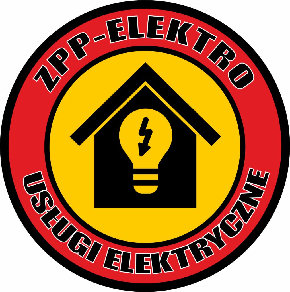 Logo firmy ZPP-ELEKTRO - Usługi Elektryczne. Okrągłe logo z czerwoną obwódką, wewnątrz żółte tło z czarnym symbolem domu i żarówki z błyskawicą.