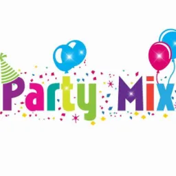 Kolorowy napis 'Party Mix' z konfetti, balonami i czapeczką imprezową, na białym tle.