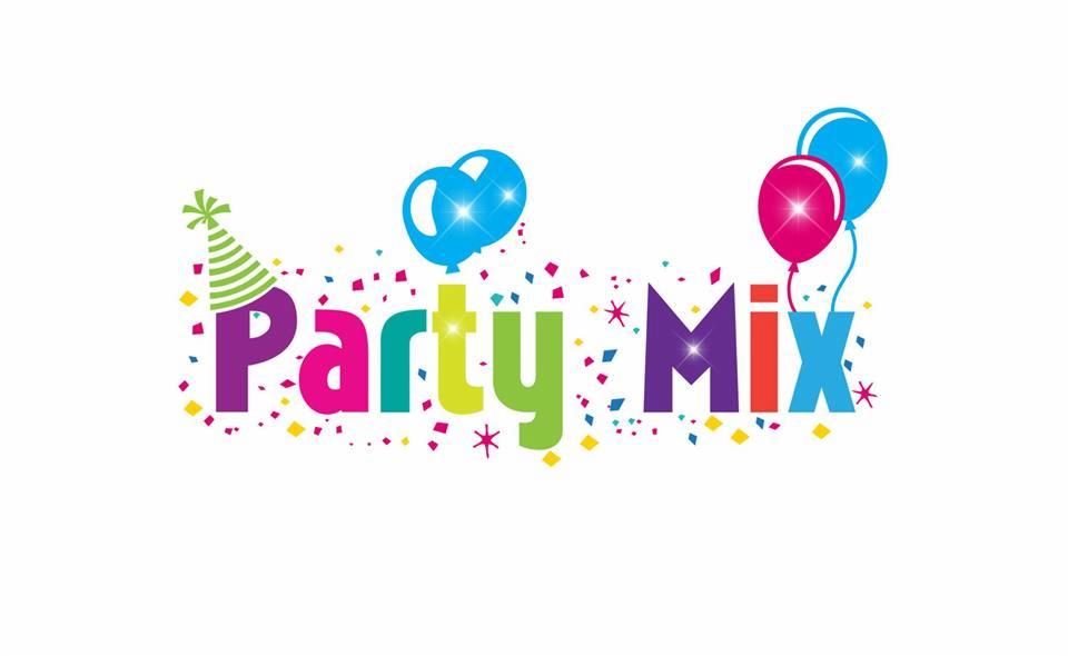 Kolorowy napis 'Party Mix' z konfetti, balonami i czapeczką imprezową, na białym tle.
