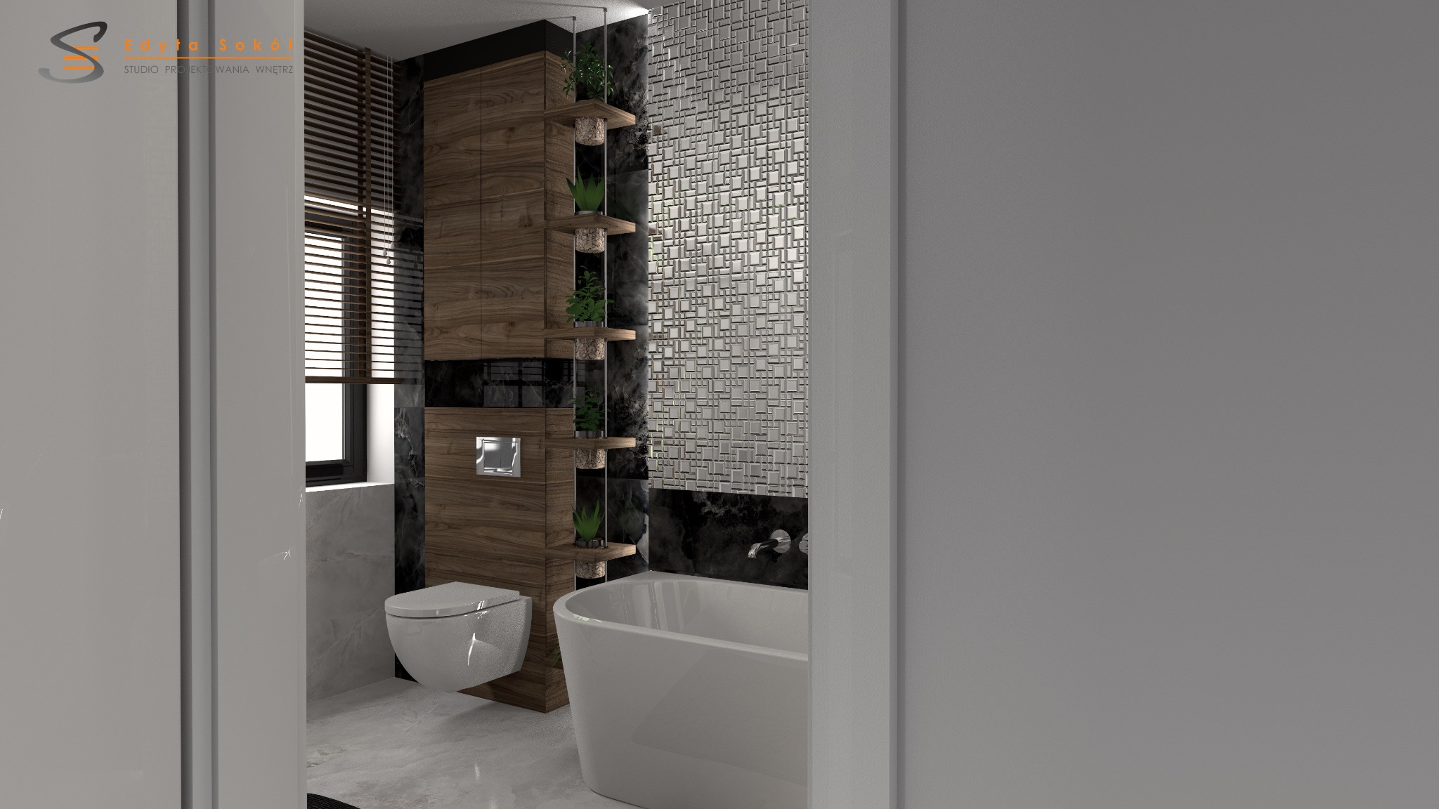 Wizualizacja nowoczesnej łazienki w Sianowie z mozaikową ścianą, wolnostojącą białą wanną i drewnianymi elementami, uzupełniona o półki z roślinami.