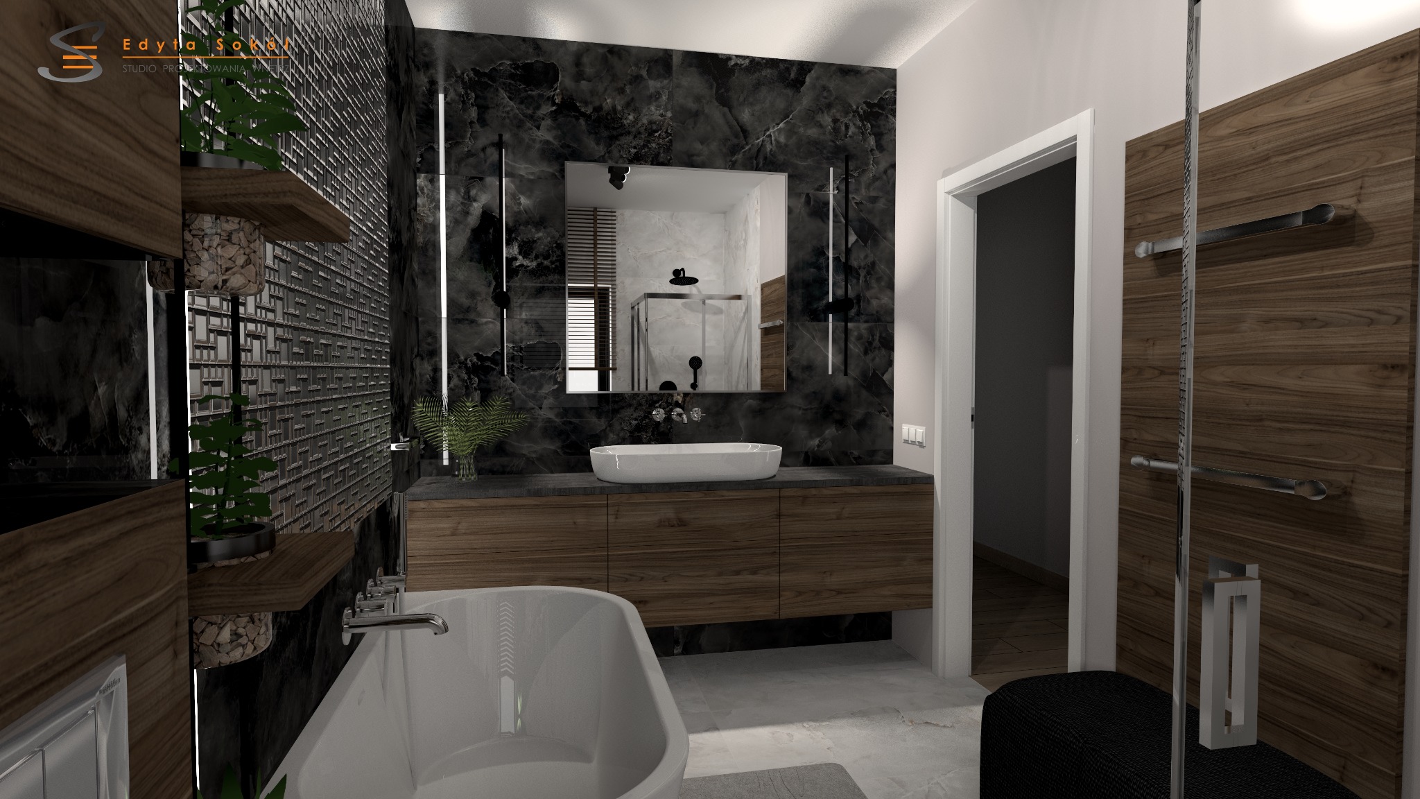 Elegancka łazienka z czarnym marmurem, drewnianymi szafkami i wolnostojącą białą wanną; w lustrze odbija się kabina prysznicowa.